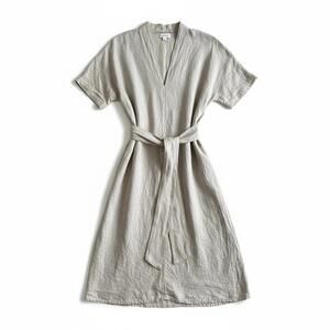 Velvet Linen Dress Beige Midi Belted Minimalist Quiet Luxury USA Small